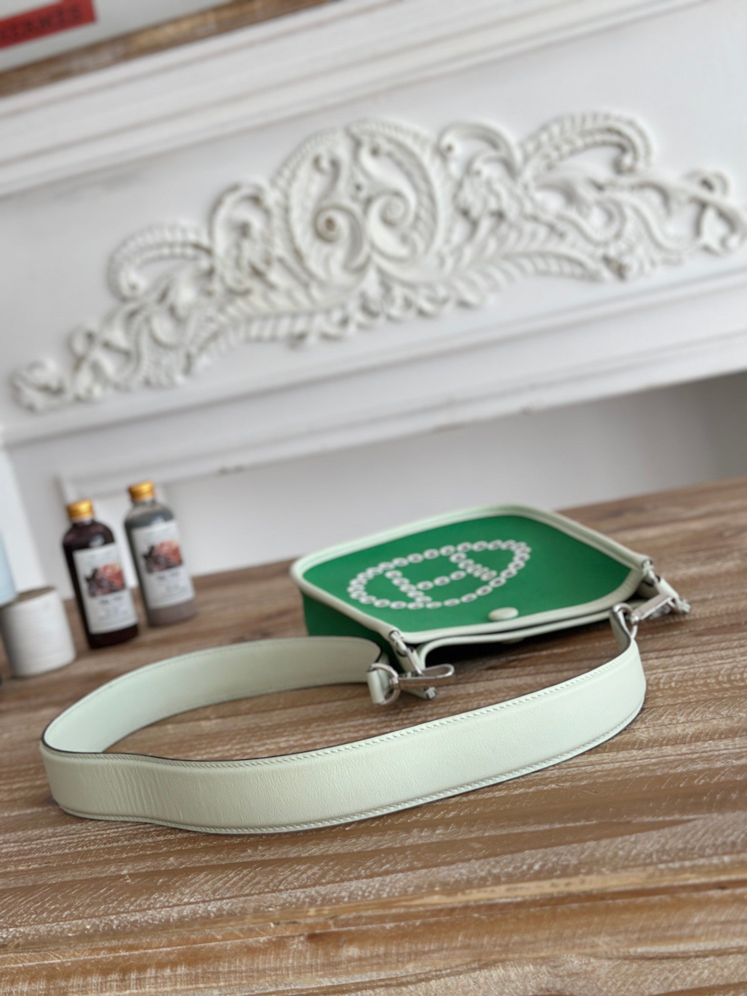 HERMES MINI NEO 17 EVELYNE BAG IN EMERALD GREEN CANVAS AND WHITE CALFSKIN