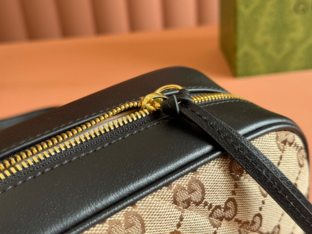 GUCCI MARMONT MEDIUM SHOULDER BAG 24 IN BEIGE AND BROWN  CANVAS BLACK CALFSKIN