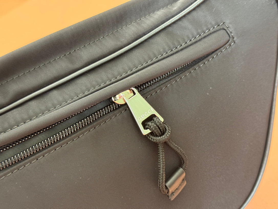 GUCCI LARGE BELT BAG 34 IN BLACK CANVAS GREEN AND RED WEB DETAIL