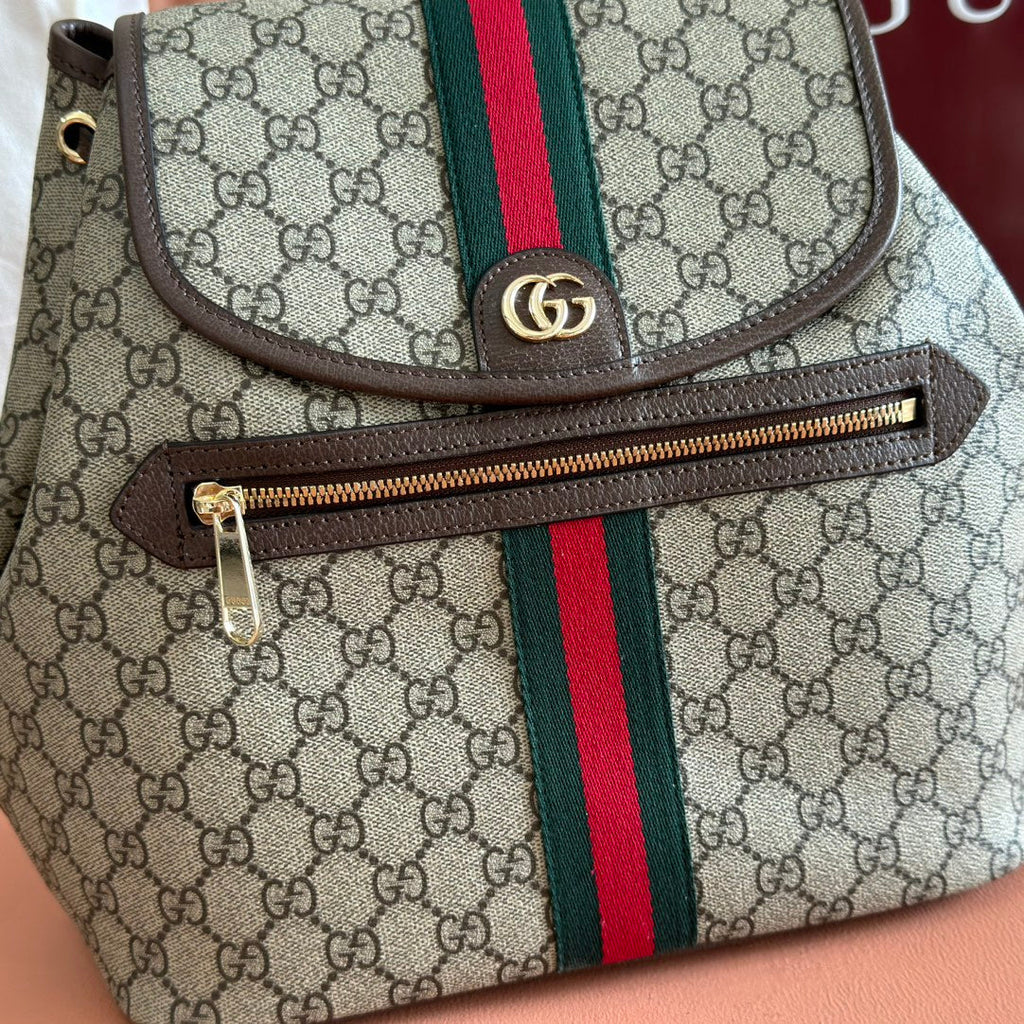 GUCCI 25S OPHIDIA MEDIUM BACKPACK 30 IN BEIGE AND EBONY CALFSKIN