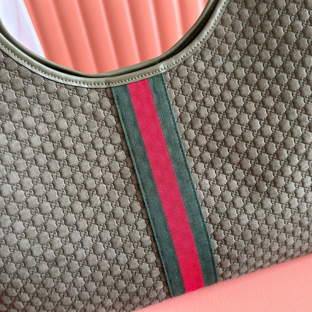 GUCCI 26S GIGLIO LARGE TOTE BAG 60 IN DARK MOSS GREEN EMBOSSED SUEDE