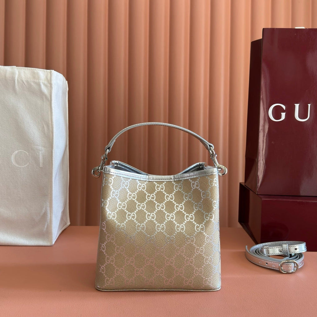 GUCCI 26S  EMBLEM BUCKET BAG 19 IN BEIGE AND SILVER CANVAS