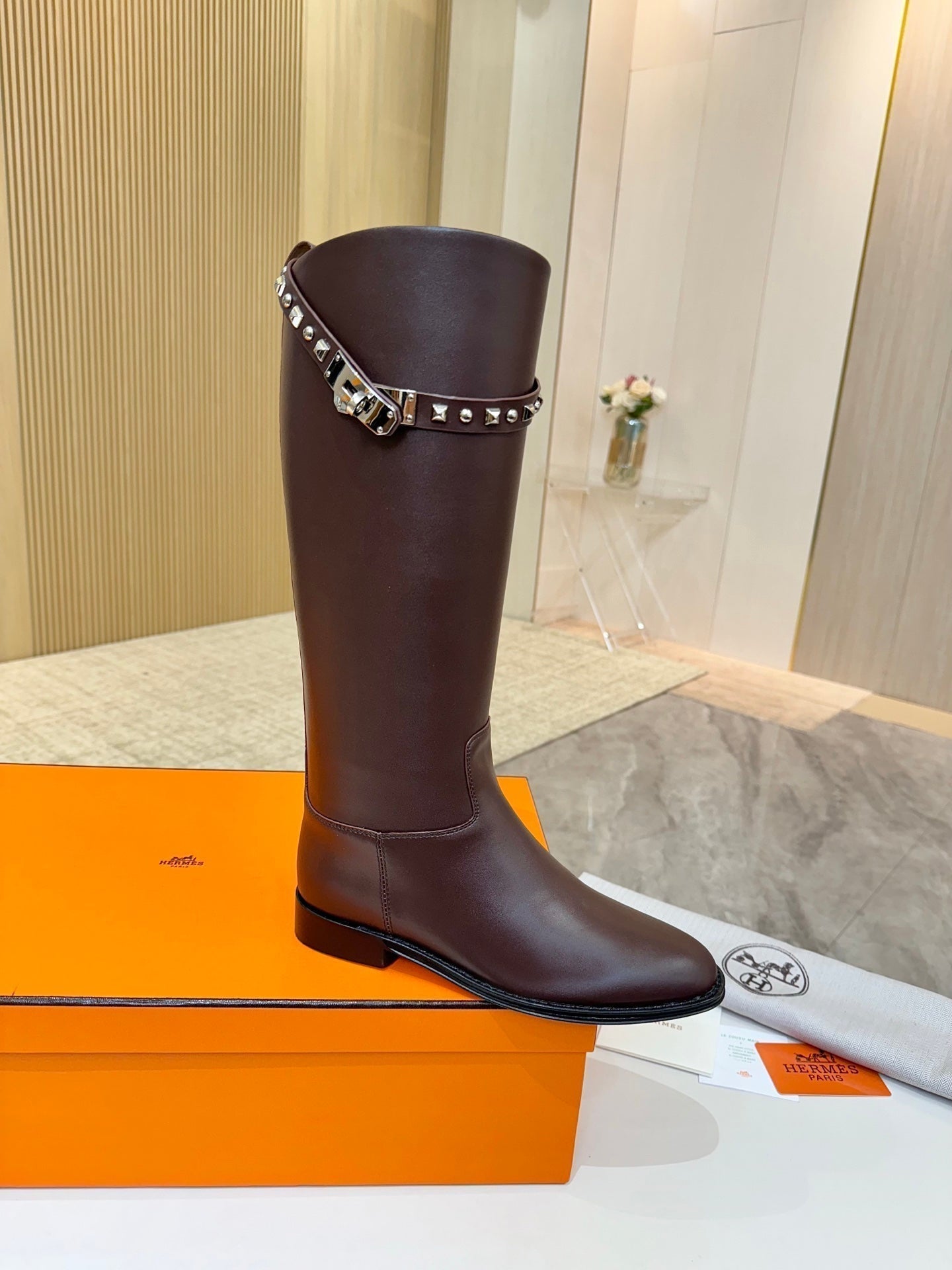 HERMES 25S KNEE-HIGH FLAT BOOTS IN DARK BROWN LAMBSKIN WITH SILVER HARDWARE