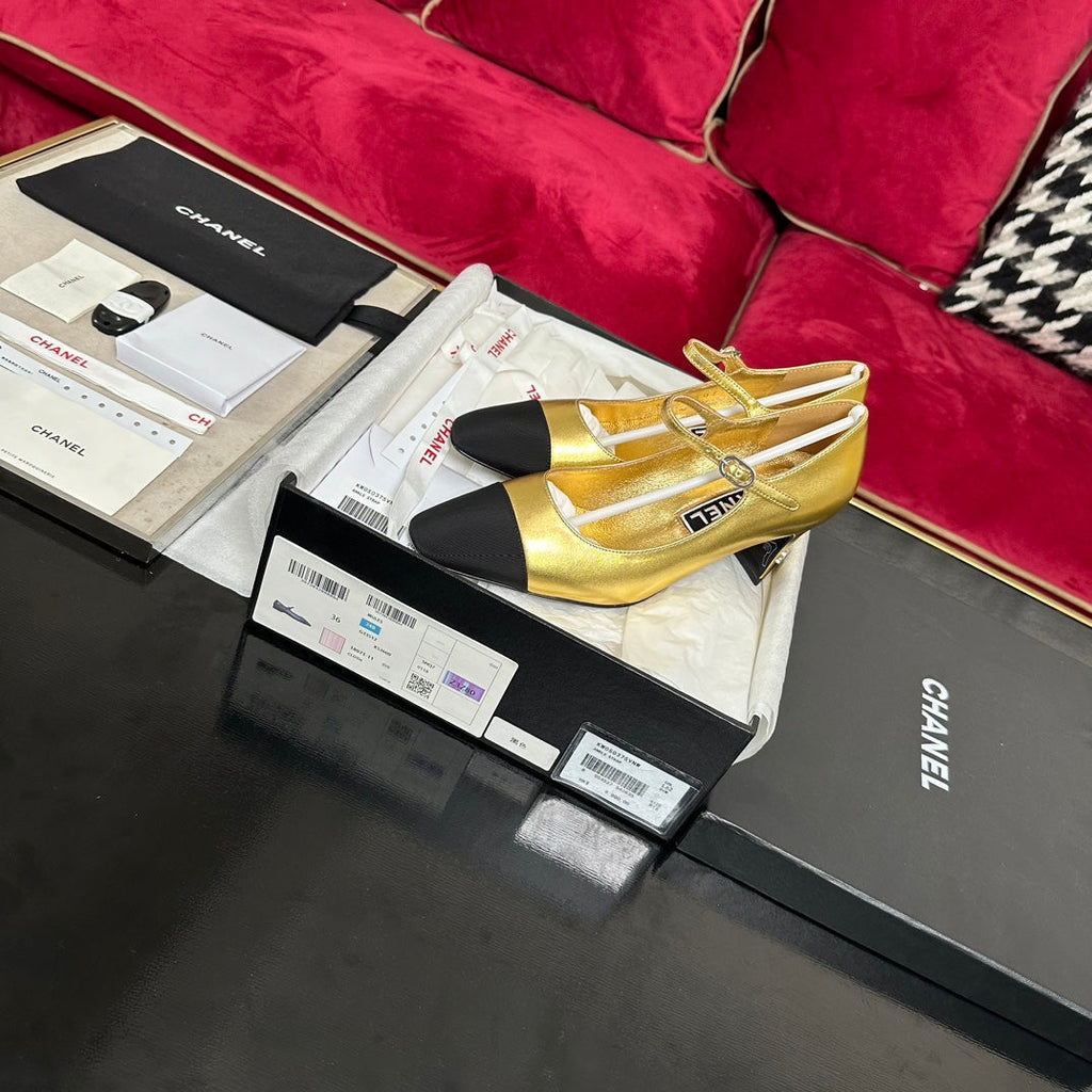 CHANEL HIGH MARY JANE IN GOLDEN CALFSKIN AND BLACK SATIN