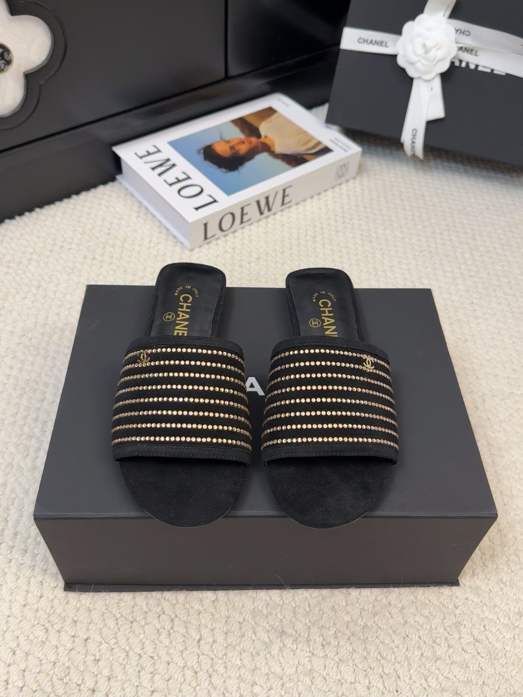 CHANEL FLAT SLIDE IN BLACK SUEDE WITH CRYSTALS