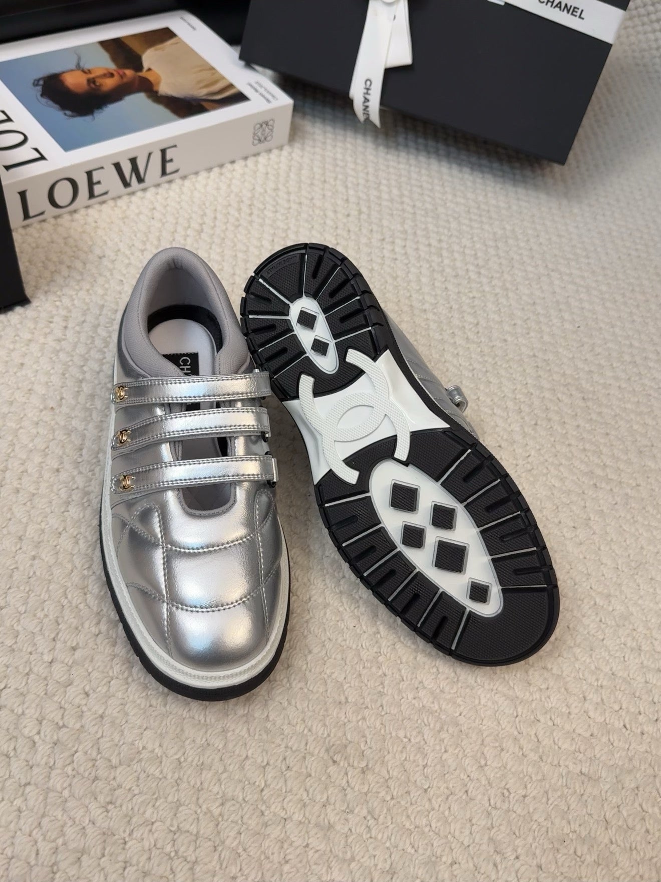 CHANEL SNEAKERS WITH THREE STRAPS IN SILVER CALFSKIN
