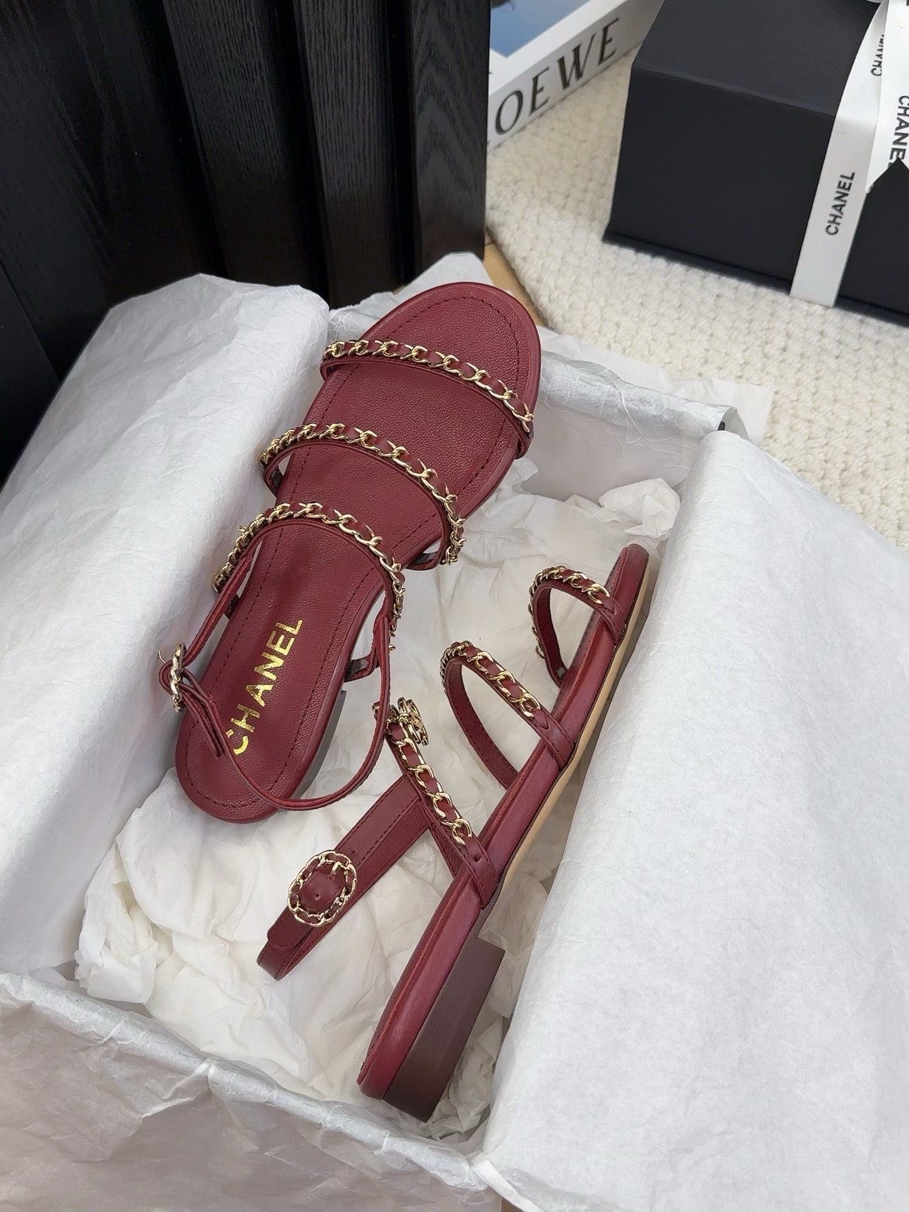 CHANEL THREE-STRAPS SANDALS IN JAM RED CALFSKIN WITH GOLD HARDWARE