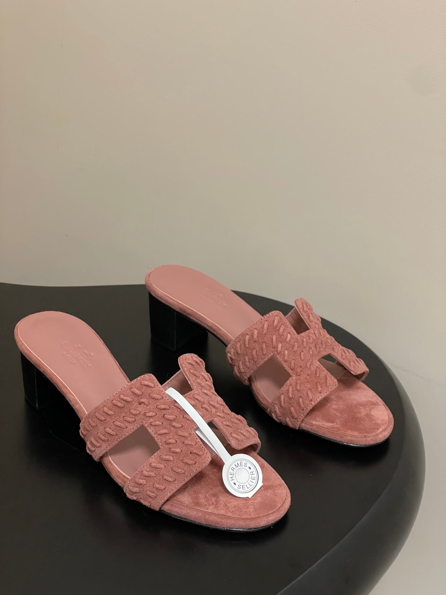 HERMES 25S ORAN HIGH‑HEEL SANDAL IN PEACHY PINK SUEDE AND LAMBSKIN