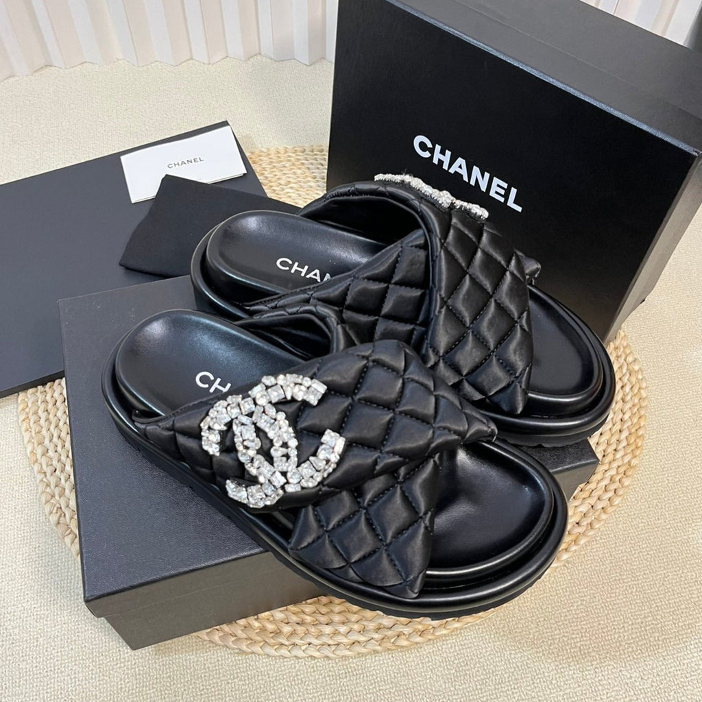CHANEL Women's slippers with two crossed straps sheepskins black