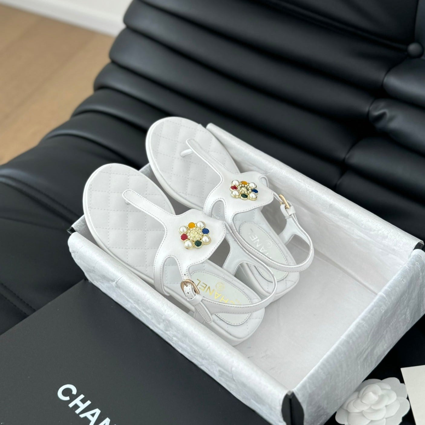 CHANEL Double C Classic One-Strap Sandals White Lambskin