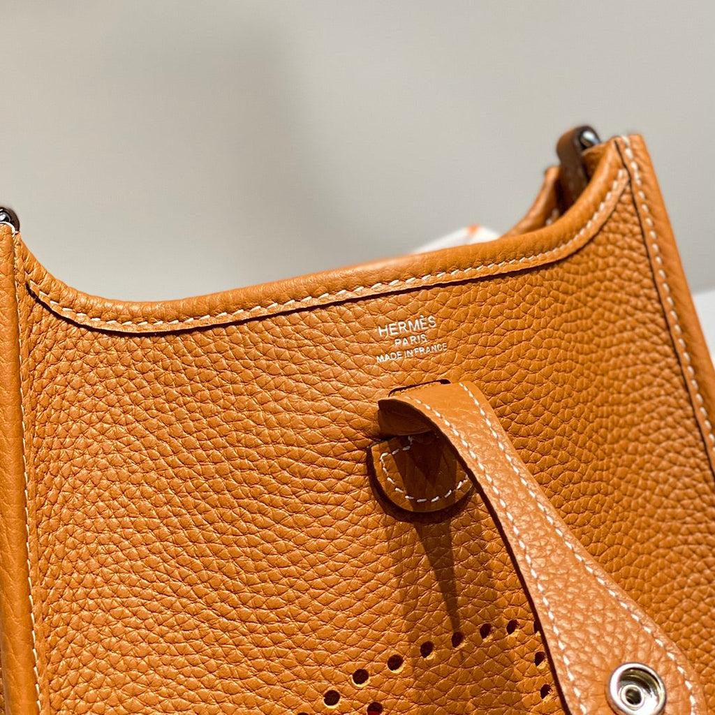 HERMES MINI NEO 18 EVELYNE BAG IN TAWNY BROWN GRAINED CALFSKIN