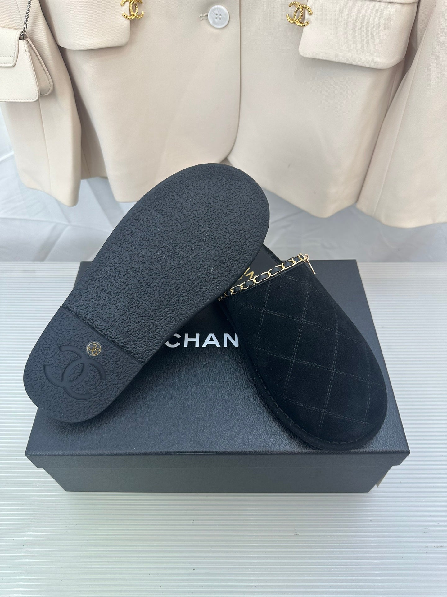 CHANEL Black Suede Gold Chain Mules