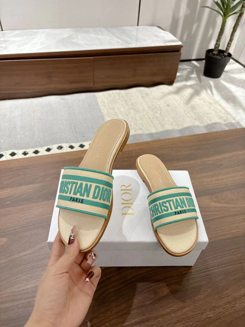 DIOR DWAY SLIDES IN BEIGE AND GREEN TECHNICAL FABRIC