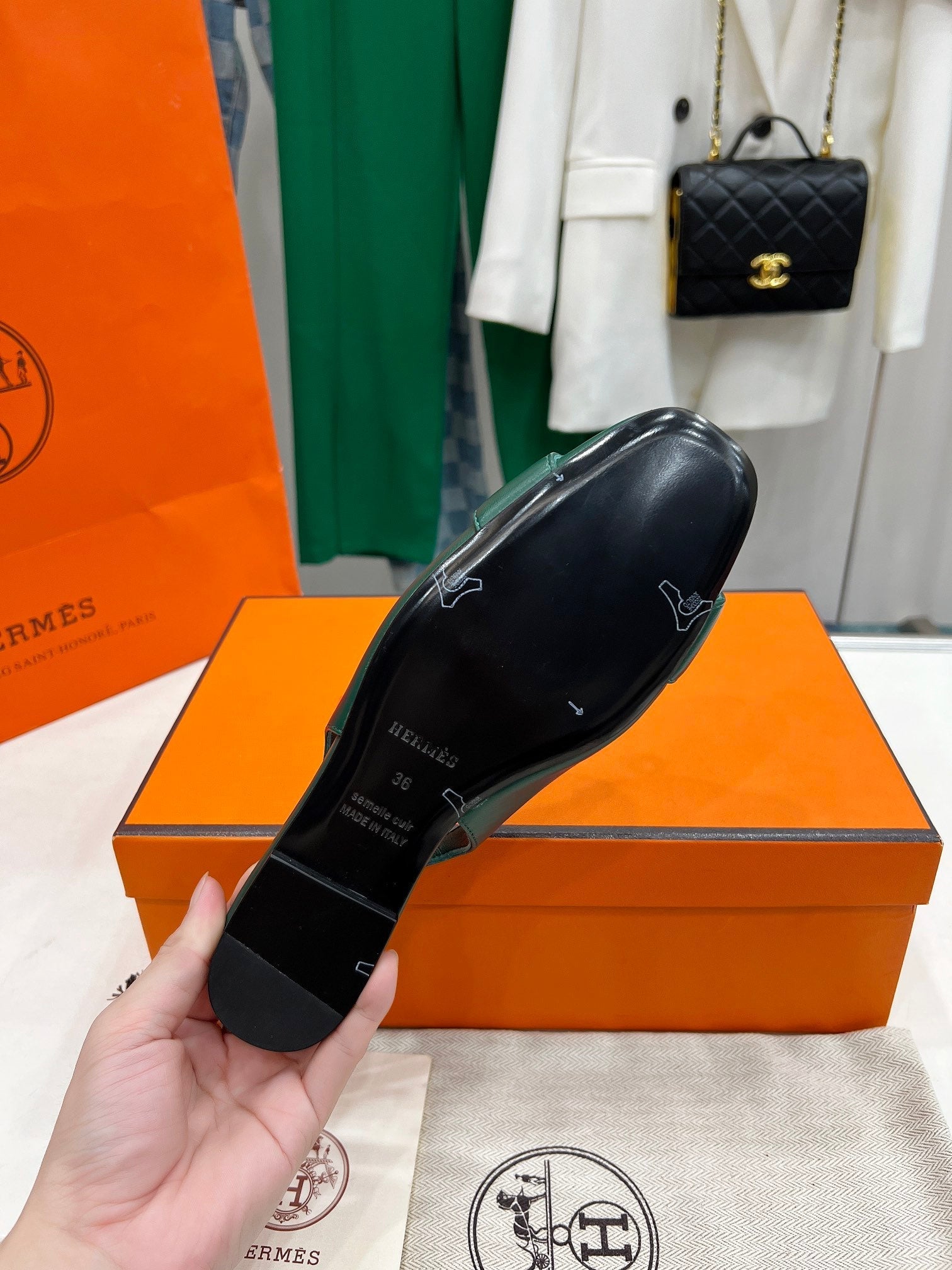 HERMES INNOCENTE SLINGBACK CASTLETON GREEN CALKSIN