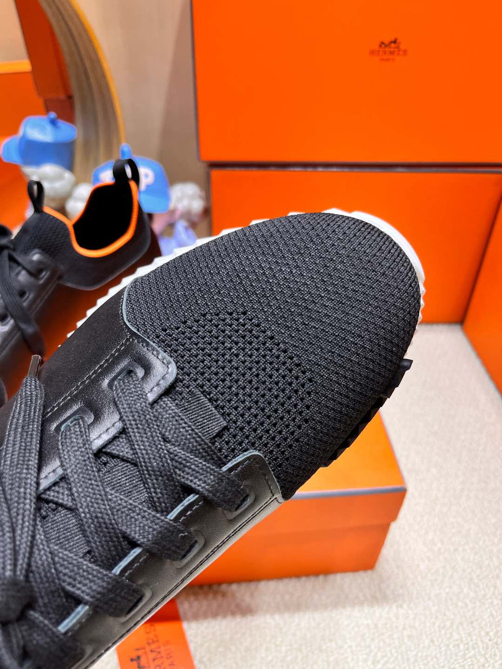 HERMES DEPART SLIP-ON SNEAKER IN BLACK MIX WHITE KNIT AND CALFSKIN
