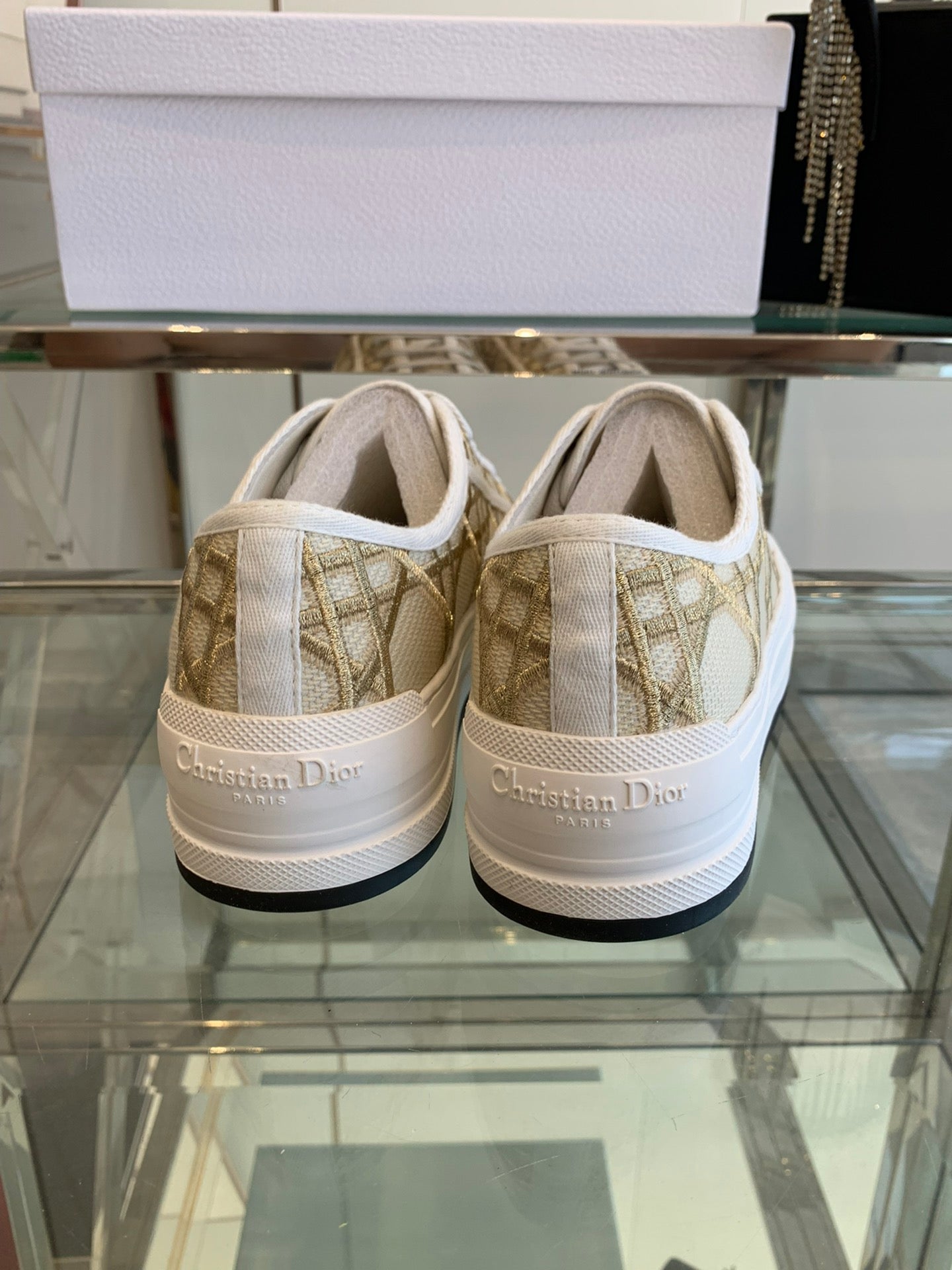 DIOR WALK'N PLATFORM SNEAKER IN BEIGE-GOLD TONE EMBROIDERED FABRIC