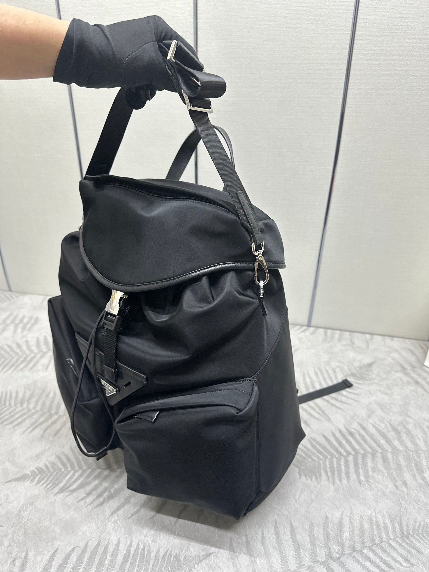PRADA TRIANGLE LOGO BACKPACK 42 IN BLACK RE-NYLON