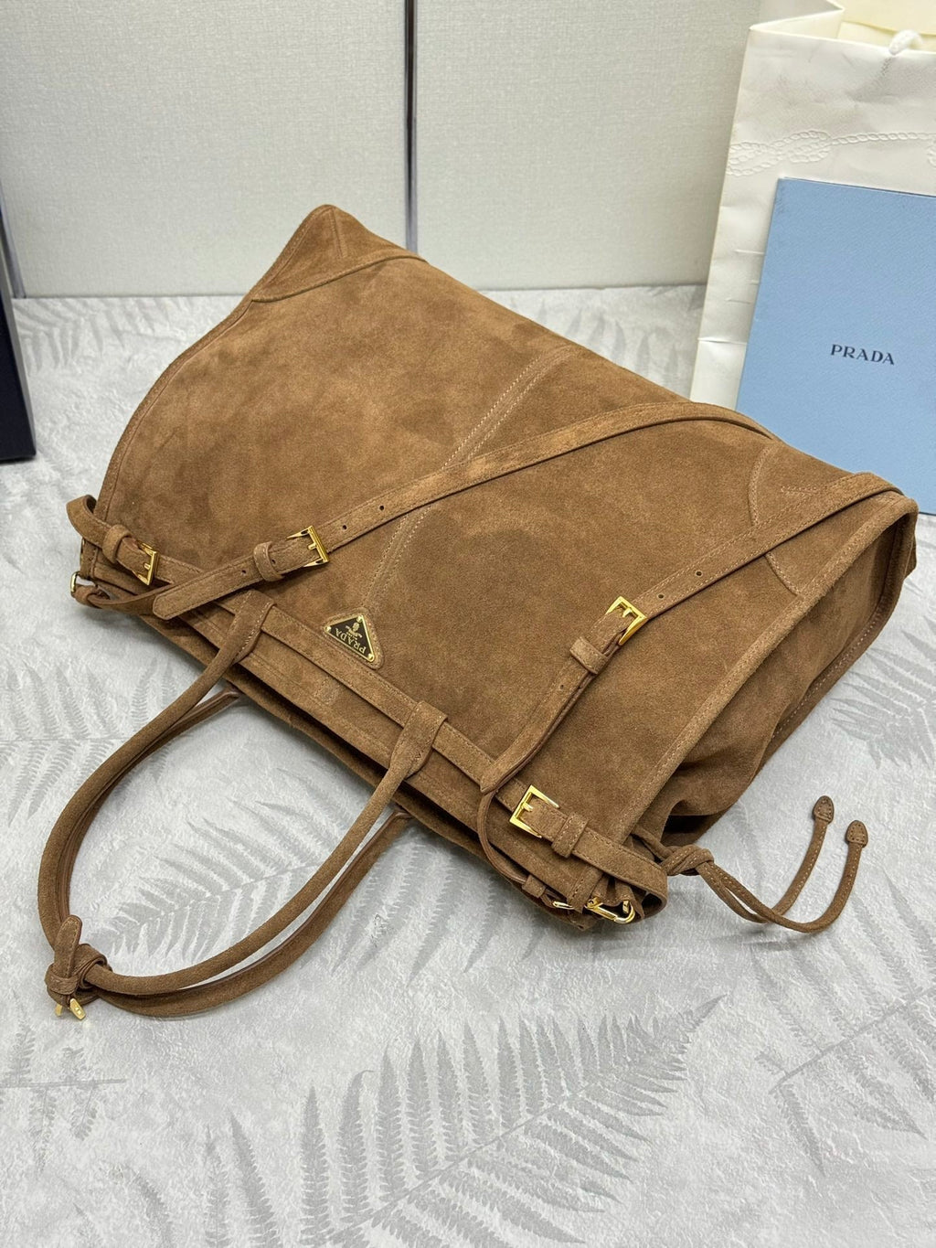 PRADA TOTE BAG WITH BELT 42 IN RUSSET BROWN SUEDE GOLD HARDWARE