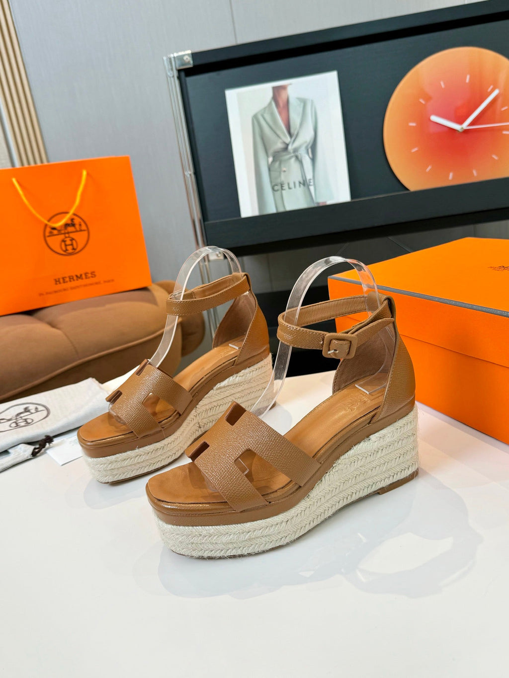 HERMES Elda espadrille 80 Light Brown Epsom Calfskin