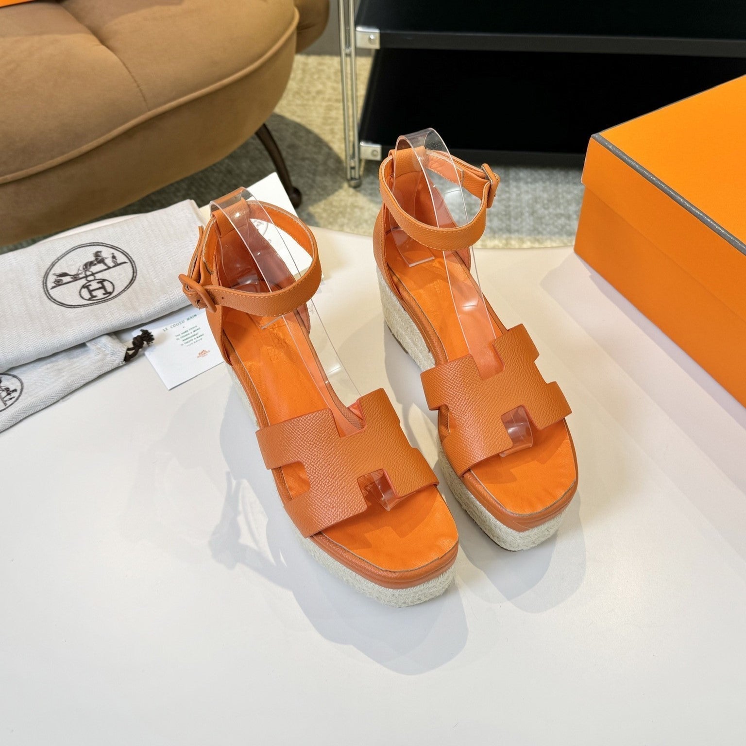 HERMES Elda espadrille 80 Orange Epsom Calfskin