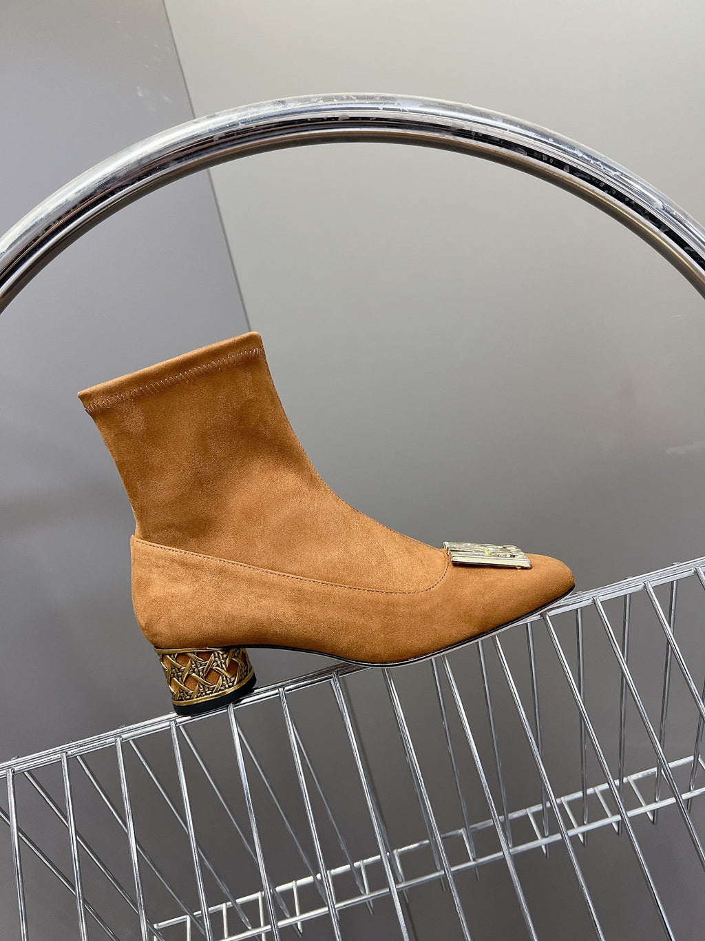 DIOR ICON HEELED ANKLE BOOT BRONZE BROWN SUEDE 4 CM WITH GOLD LOGO