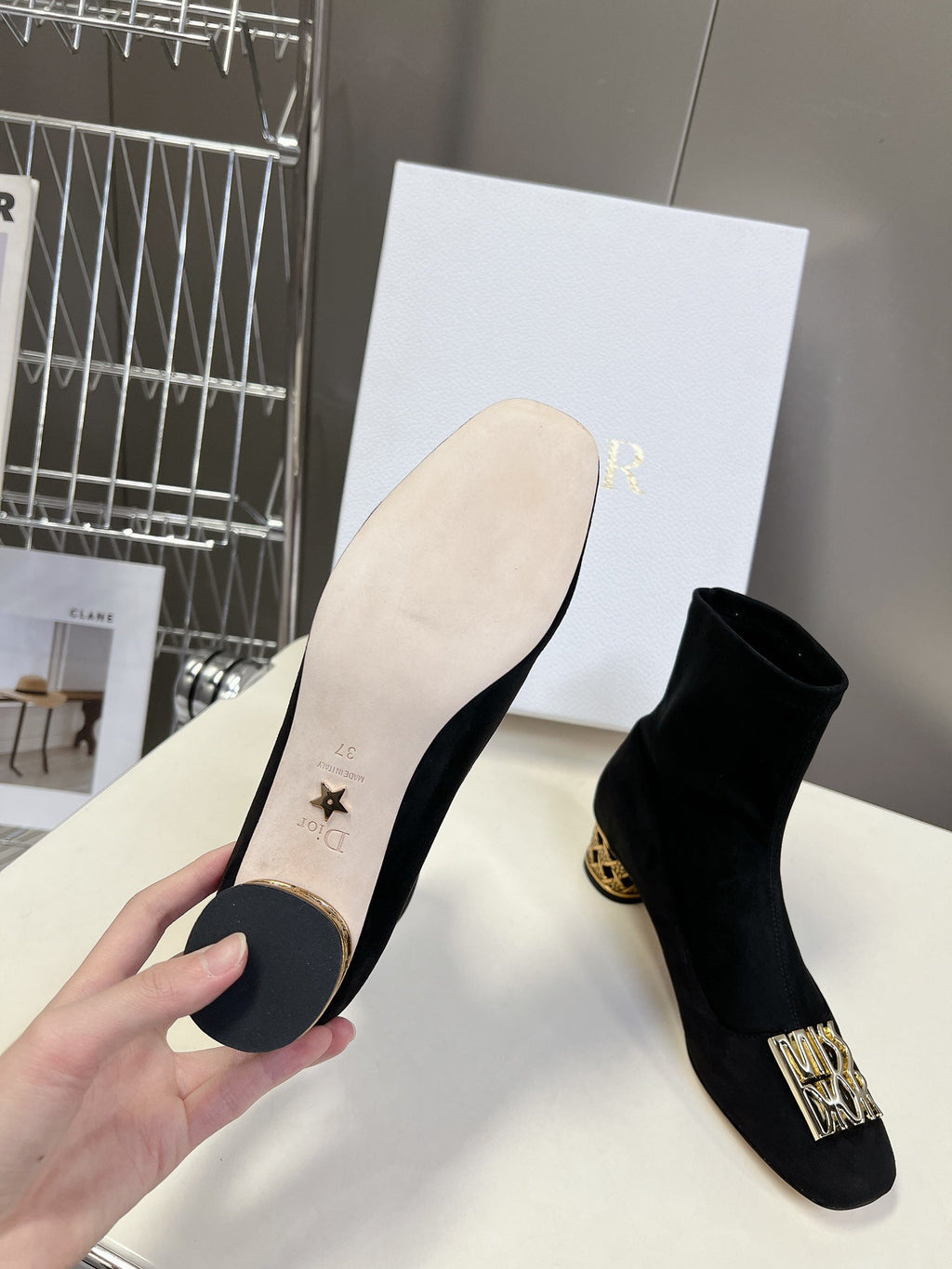 DIOR ICON HEELED ANKLE BOOT BLACK SUEDE 4 CM WITH GOLD LOGO