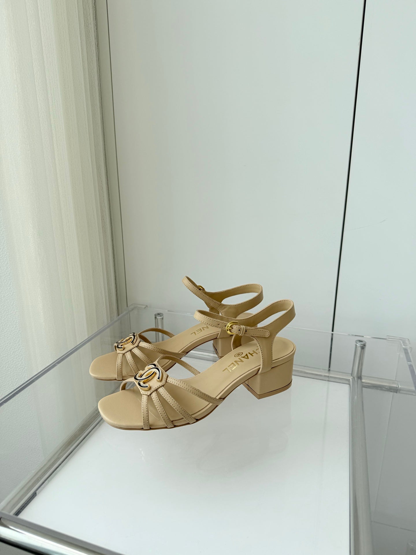 CHANEL MID HEEL SANDALS IN FLAX YELLOW LAMBSKIN