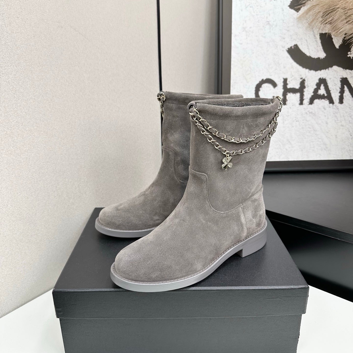 CHANEL 25S SHORT BOOTS IN GRAY SUEDE SILVER HARDWARE