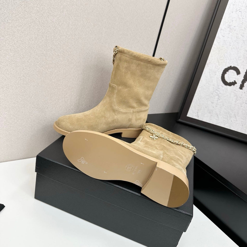 CHANEL 25S SHORT BOOTS IN LIGHT GOLD SUEDE SILVER HARDWARE