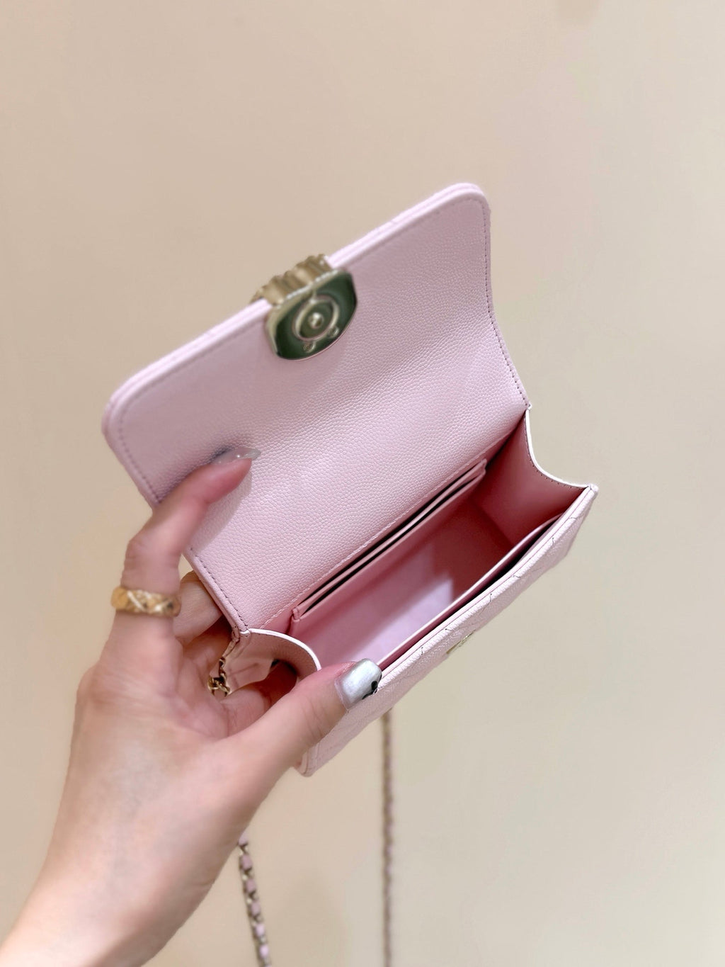 CHANEL QUILTED MINI FLAP BAG WITH HANDLE 14 IN BABY PINK LAMBSKIN GOLD PLATED METAL