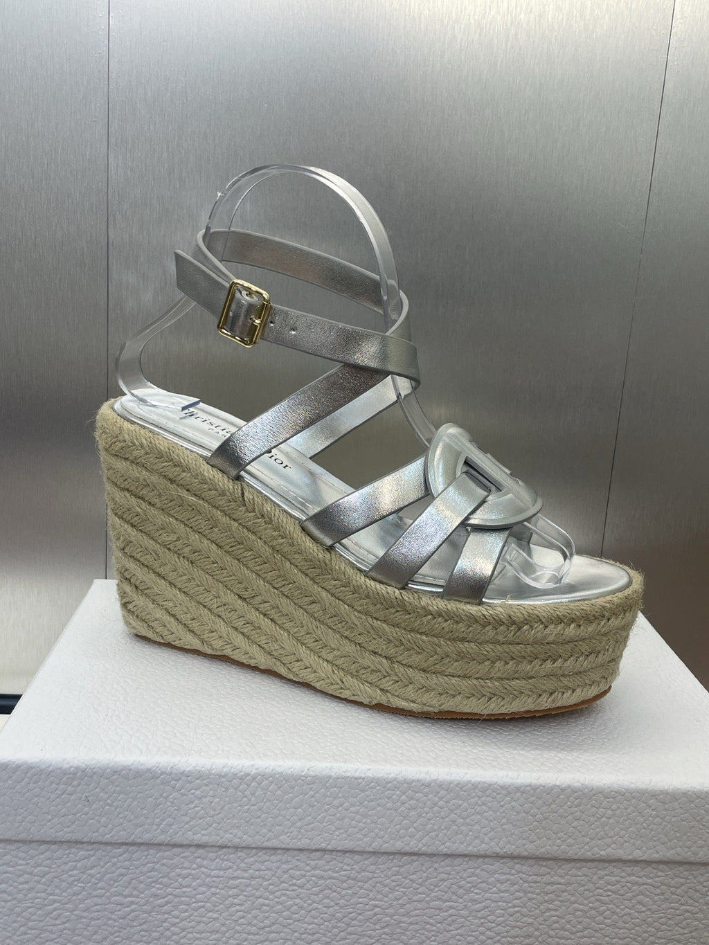 DIOR D-CLUB 25S HIGH HEEL WEDGE 100MM IN SILVER GLOSSY CALFSKIN RAFFIA SOLE