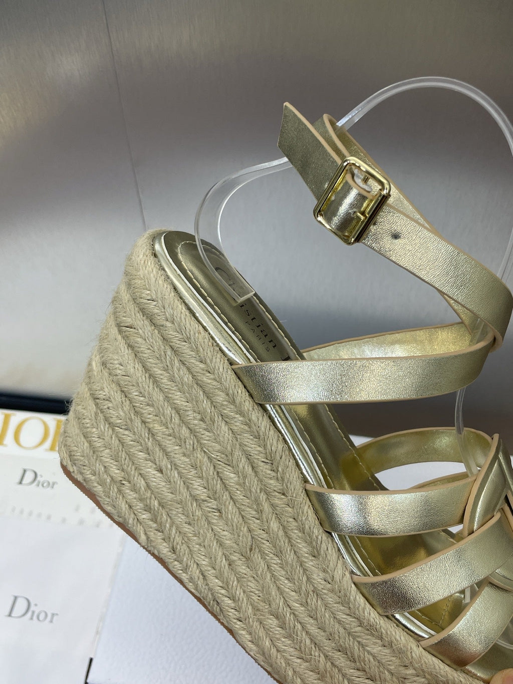 DIOR D-CLUB 25S HIGH HEEL WEDGE 100MM IN GOLD GLOSSY CALFSKIN RAFFIA SOLE