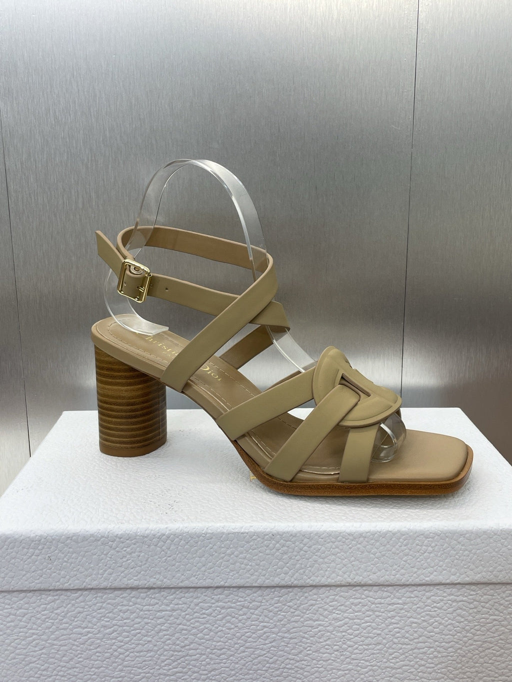 DIOR D-CLUB HIGH HEEL SLIDE 25S 80MM IN GOLDEN BEIGE CALFSKIN