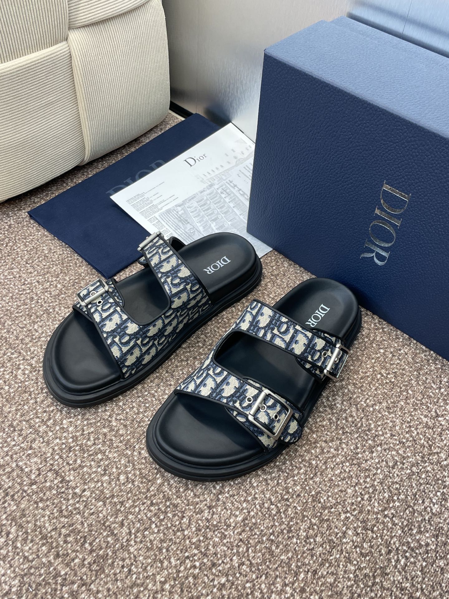 DIOR 25S ACT SLIDE IN DEEP BLUE CALFSKIN AND CANVAS SILVER HARDWARE
